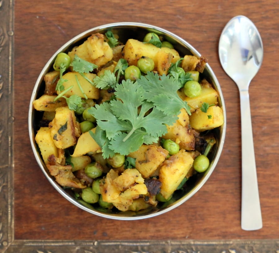 Dhania Waale Aloo Matar. Potatoes and peas spiced with Indian spices and cilantro | Vegan Richa