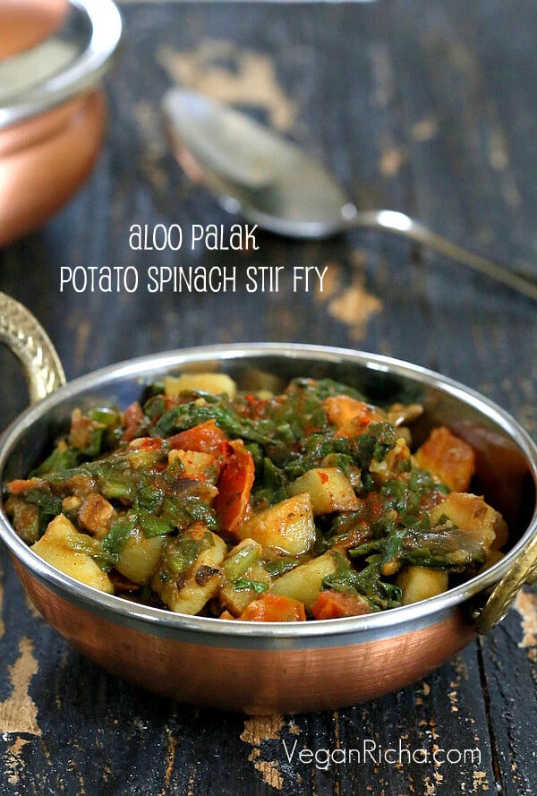 Potato Spinach Stir Fry. Aloo Palak Indian Recipe. Easy Spinach and potato side. Use other greens as rainbow chard, mustard greens. Vegan Gluten-free Recipe. #glutenfree #veganricha #vegan