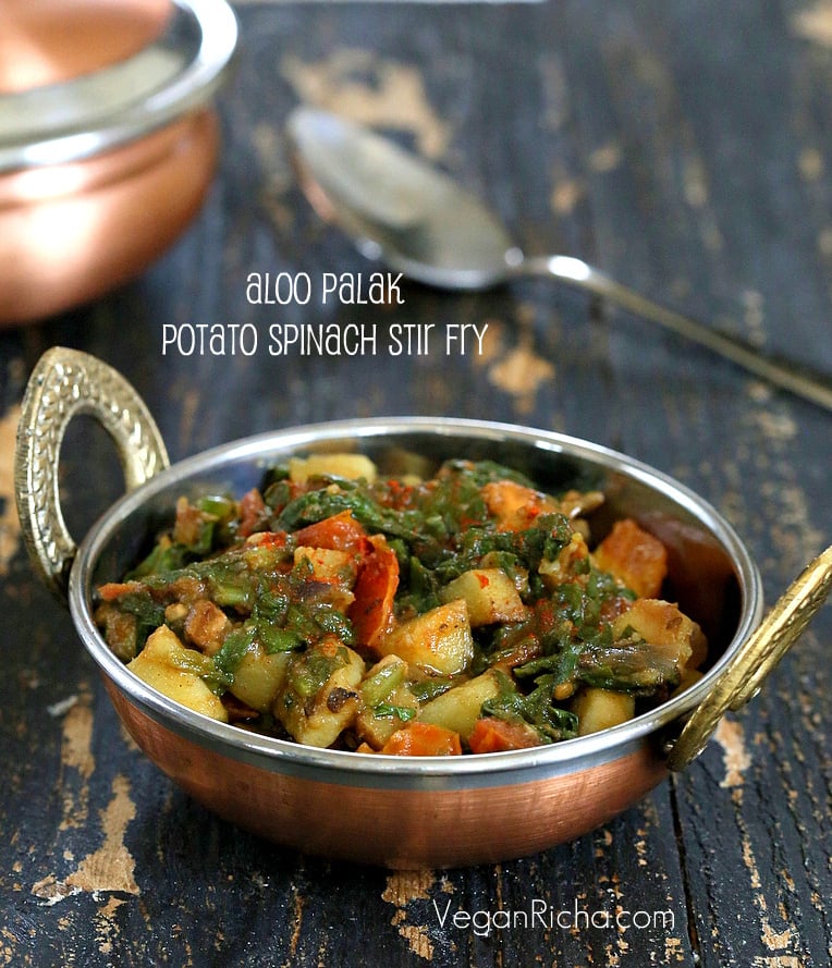 Potato Spinach Stir Fry. Aloo Palak Indian Recipe. Easy Spinach and potato side. Use other greens as rainbow chard, mustard greens | VeganRicha.com #vegan #glutenfree #Indian