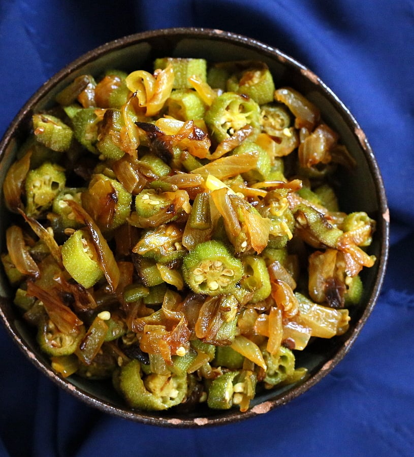 Indian Okra and Onion stir fry. Mom's Pyaaz Waali Bhindi Subzi | Vegan Richa