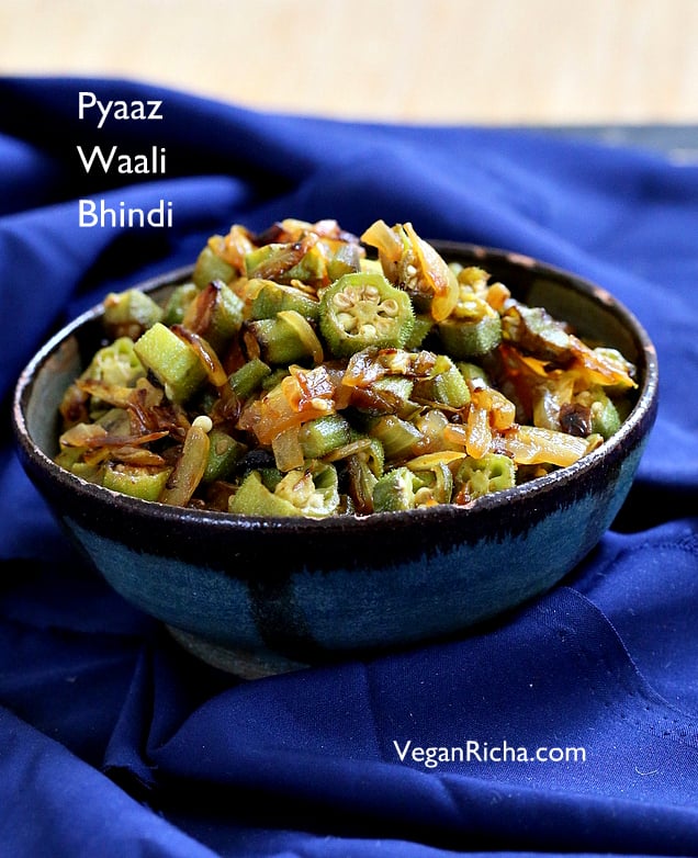 Indian Okra and Onion stir fry. Mom's Pyaaz Waali Bhindi Subzi | VeganRicha.com