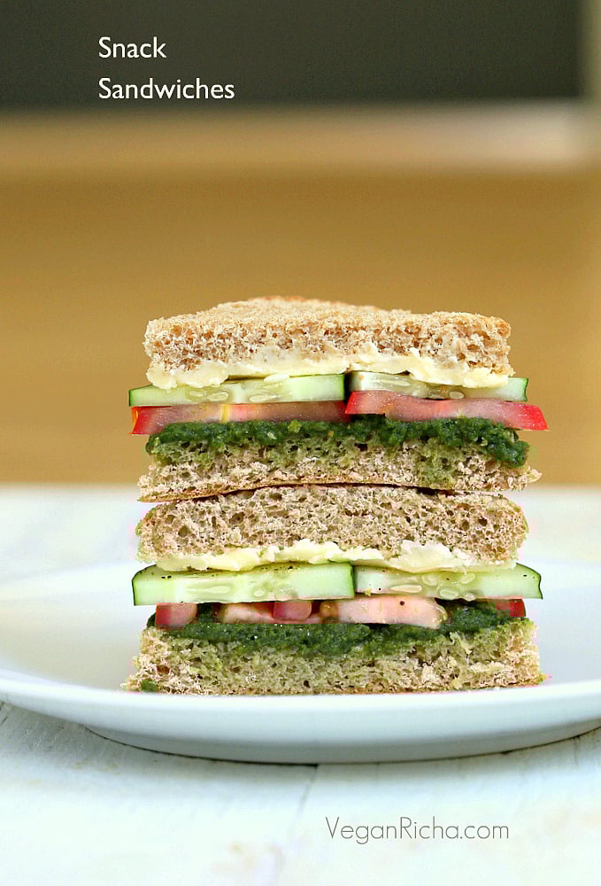 Cucumber, Tomato, Mint Cilantro Chutney Snack Sandwiches
