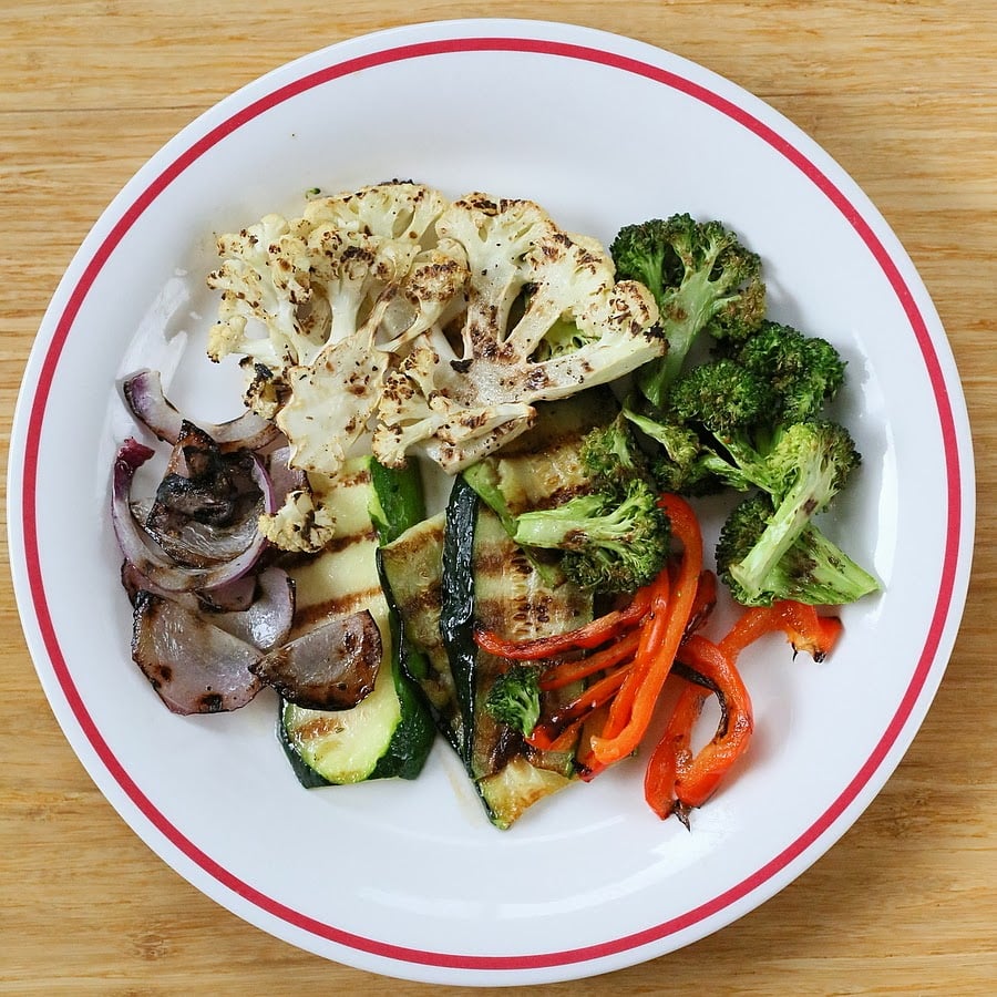 vegetable sandwich  overhead shot of a plate of roasted vegetables made in a grill pan on the stove