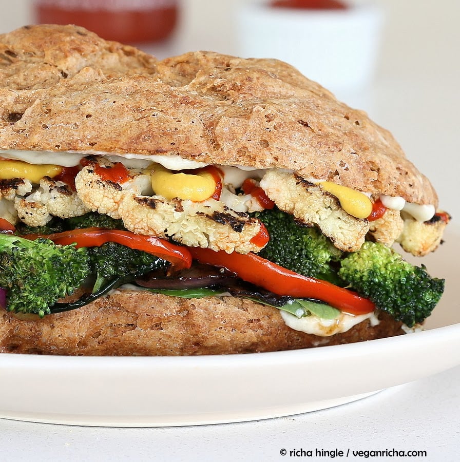 vegetable sandwich  vegan grilled vegetable sandwich with sriracha mayo on a healthy almond flour bun