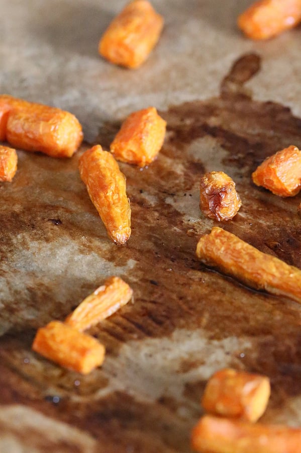 vegan ice cream recipe carrots roasting on a sheet pan to make vegan ice cream recipe