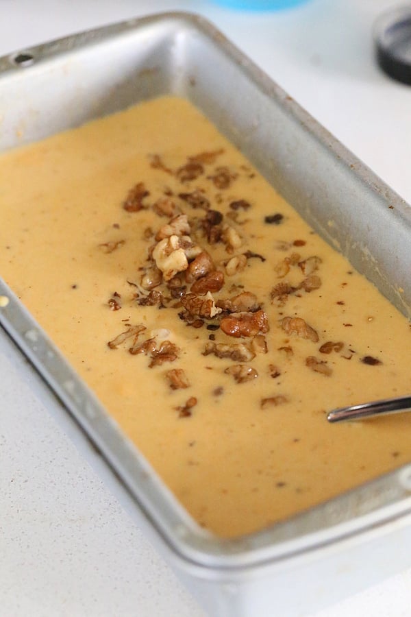 vegan ice cream recipe  vegan carrot cake ice cream base in a metal loaf time ready to be frozen