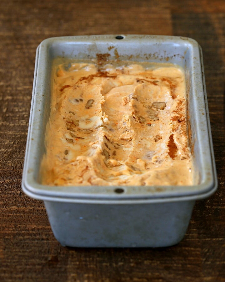 vegan ice cream recipe Vegan Carrot Cake Ice cream with roasted carrots, candied walnuts and cashew sour cream in a metal loaf pan