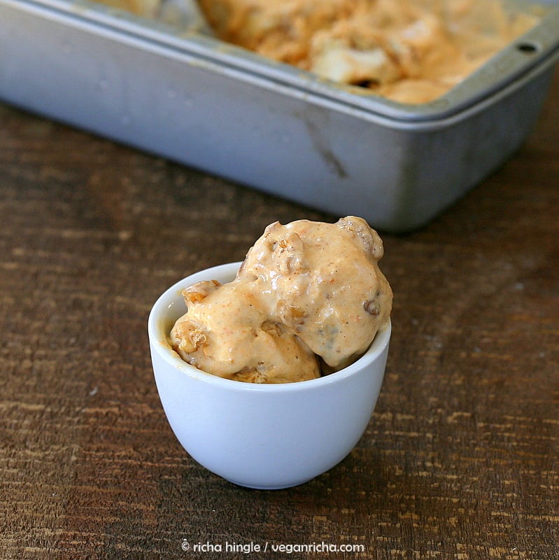 vegan ice cream recipe   a serving of vegan carrot cake ice cream in a small white ramekin