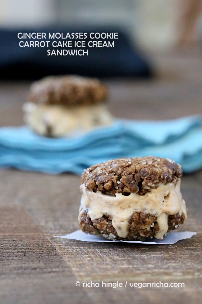 vegan ice cream recipe side view of a vegan ice cream sandwich made with carrot cake ice cream