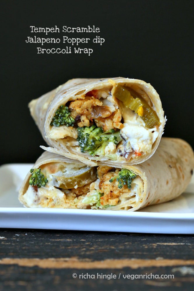 vegan wrap recipe  two stacked Tempeh Scramble Jalapeno Popper Dip and Broccoli Wraps