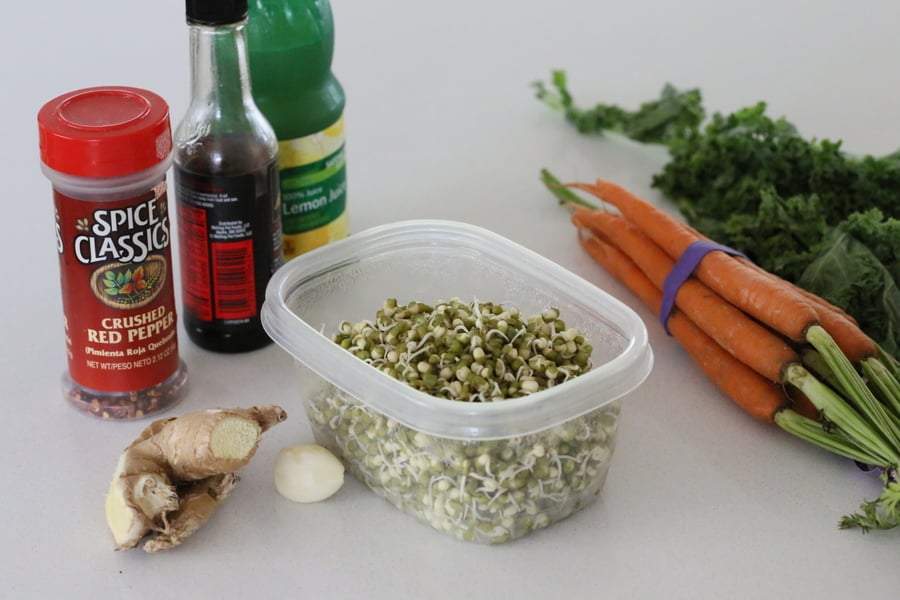 kale salad recipe  ingredients for vegan kale salad recipe with mung bean sprouts and carrots