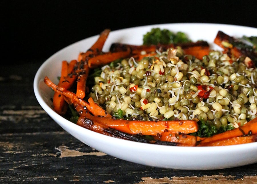 kale salad recipe side view close-up of vegan Mung Bean Sprouts Salad with Seared Carrots, kale and Chile Lime Sesame Dressing