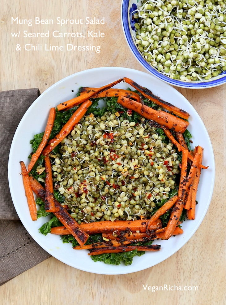 kale salad recipe  overhead shot mung bean, seared carrot and kale salad with a bowl of sprouted beans on the side