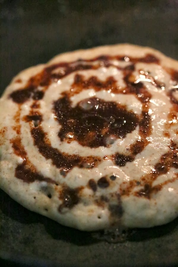 These Vegan Cinnamon Roll Pancakes use my multi-grain pancake mix. Delicious breakfast with With swirls of cinnamon sugar. soy-free, vegan recipe