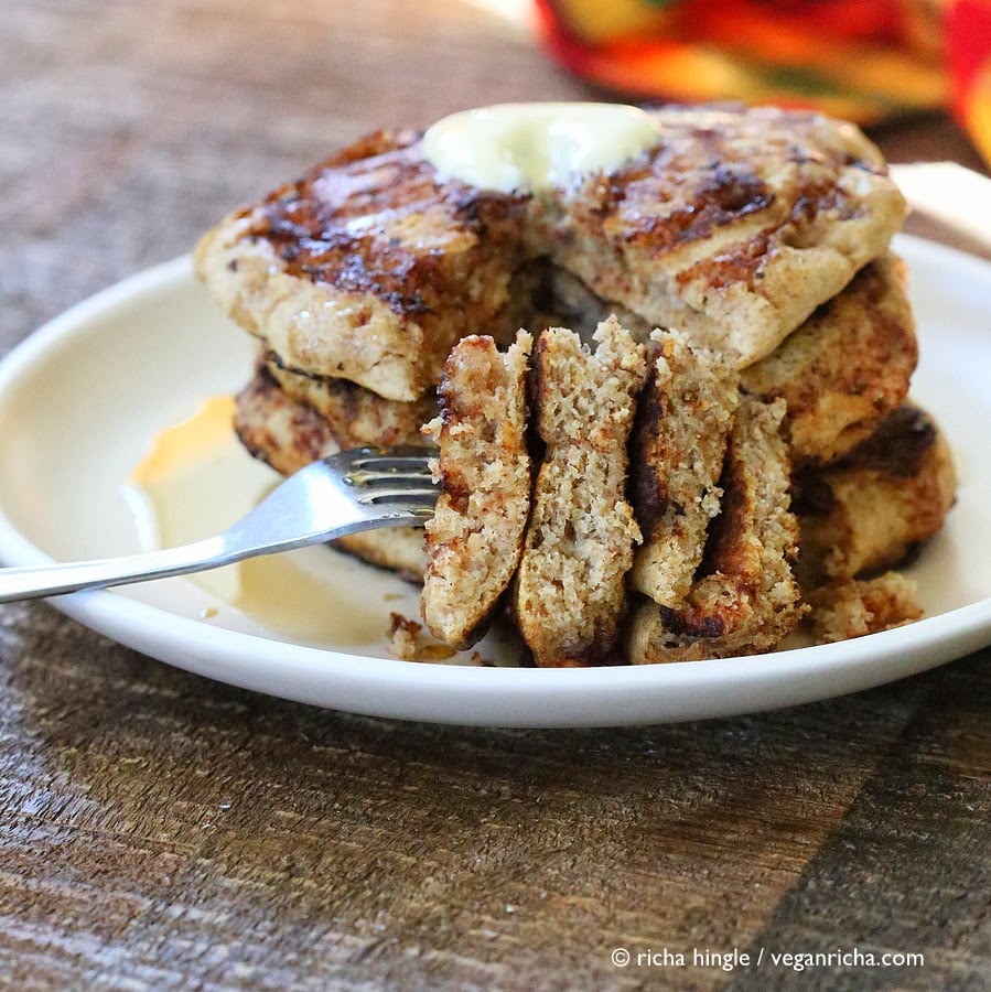 These Vegan Cinnamon Roll Pancakes use my multi-grain pancake mix. Delicious breakfast with With swirls of cinnamon sugar. soy-free, vegan recipe
