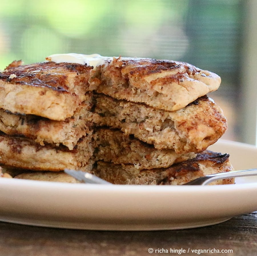 These Vegan Cinnamon Roll Pancakes use my multi-grain pancake mix. Delicious breakfast with With swirls of cinnamon sugar. soy-free, vegan recipe