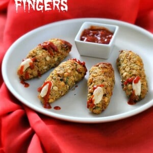 Vegan Falafel Fingers. Perfect halloween snack. Smear with ketchup to make them all bloody. Easy Witch fingers! Gluten-free Soy-free Sugar-free Recipe Makes 9 to 10 #glutenfree #veganricha #vegan
