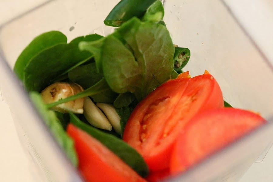 Spinach puree ingredients in a blender for our Vegan Palak tofu Paneer