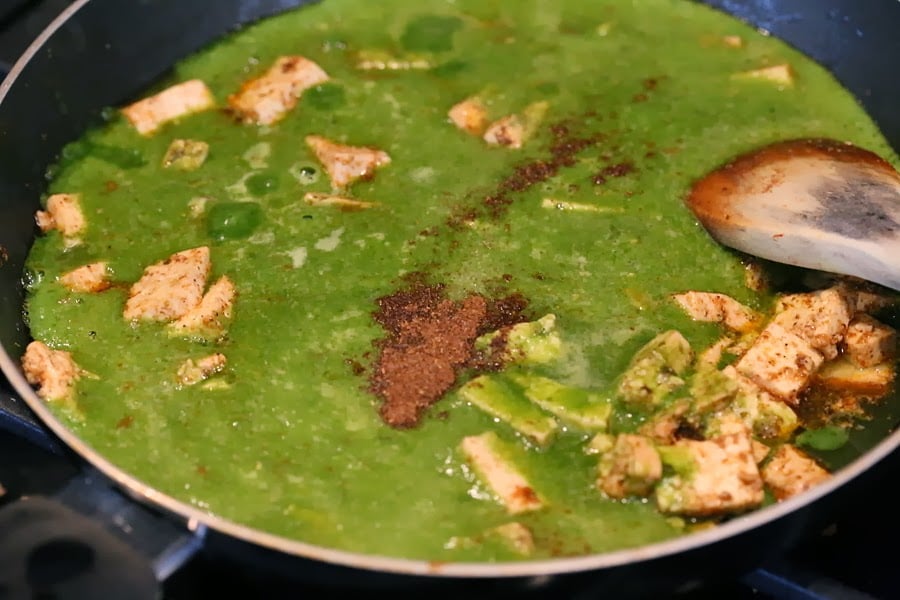 Spinach puree in a skillet for our Vegan Palak tofu Paneer
