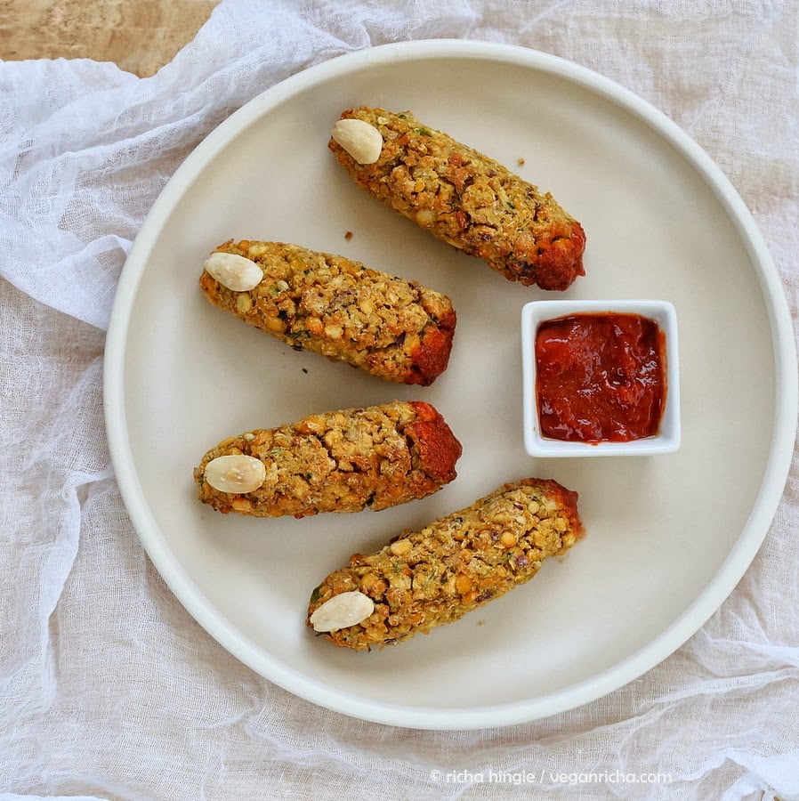 Vegan Falafel Fingers. Perfect halloween snack. Easy Witch fingers! VeganRicha.com #Glutenfree #Soyfree #Sugarfree #vegan #Recipe