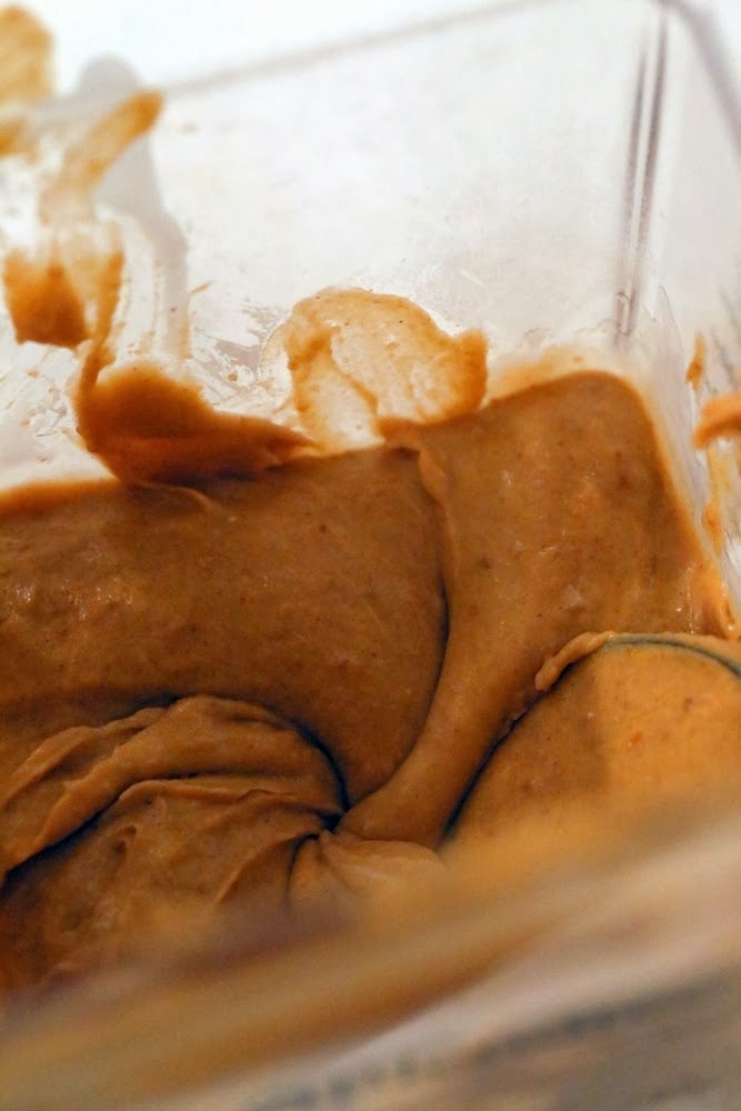 mousse cake pumpkin mousse for vegan cake recipe being blended until smooth in a blender