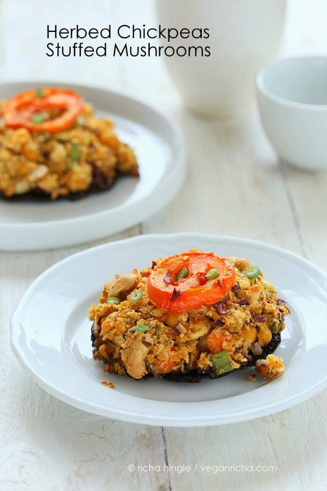 stuffed portobello mushrooms a vegan stuffed portobello mushroom on a white plate