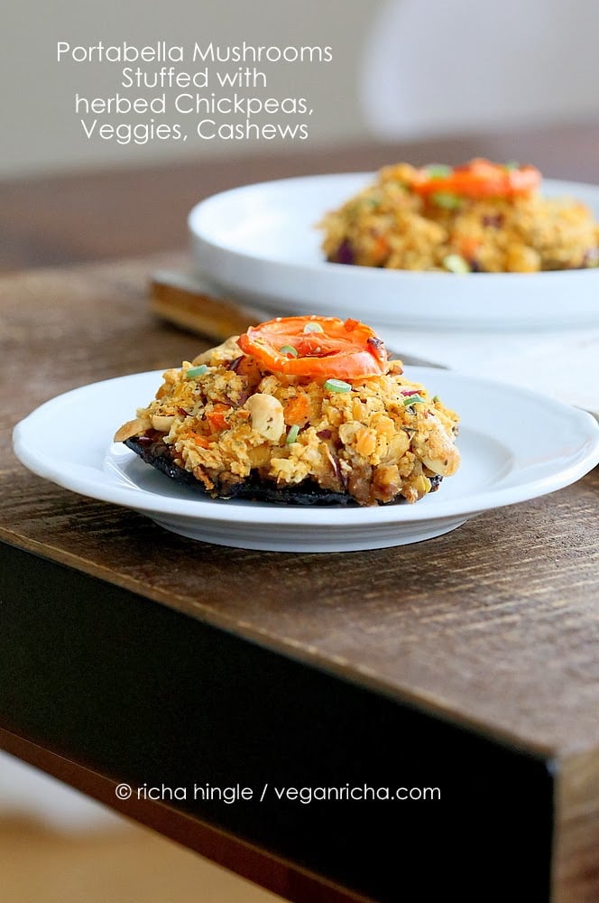 stuffed portobello mushrooms  side view of Vegan Stuffed Portobello Mushrooms filled with Herbed Chickpeas, veggies, and cashews