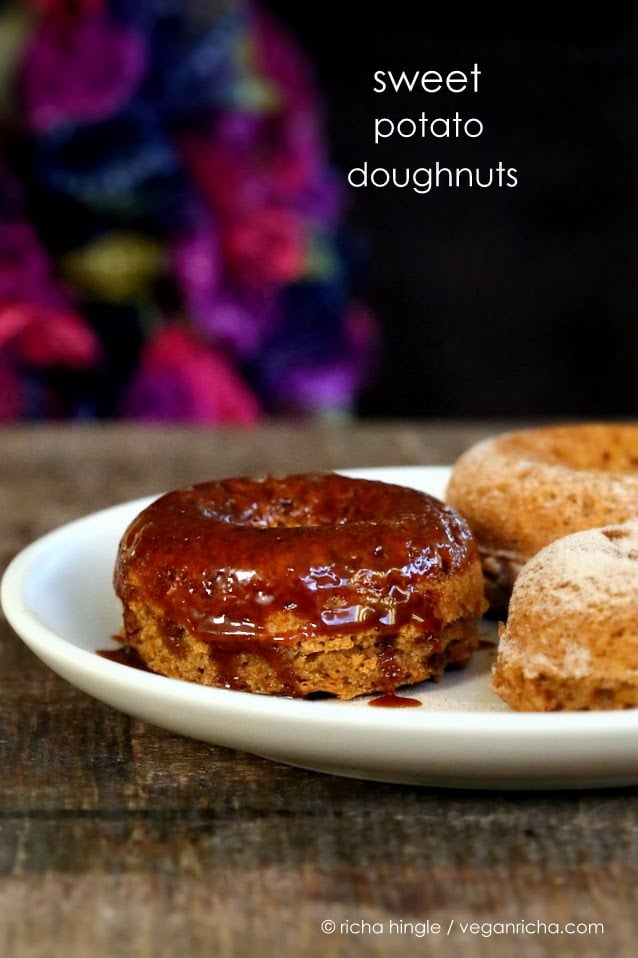recipe for vegan donuts  side view of vegan sweet potato donuts with salted caramel glaze on a white plate