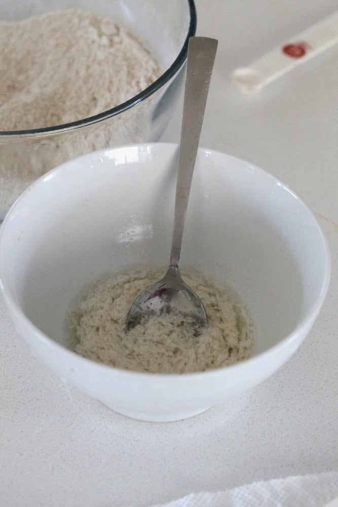 sweet potato biscuits  almond milk being mixed with lemon juice and vinegar to make almond milk buttermilk