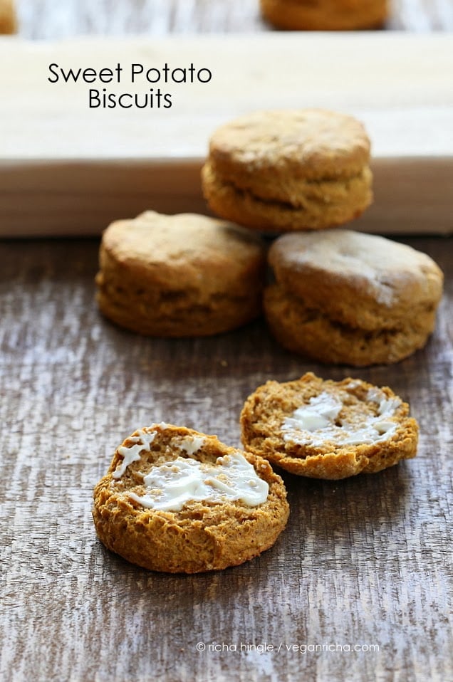 sweet potato biscuits  vegan whole wheat sweet potato biscuits split open and topped with butter