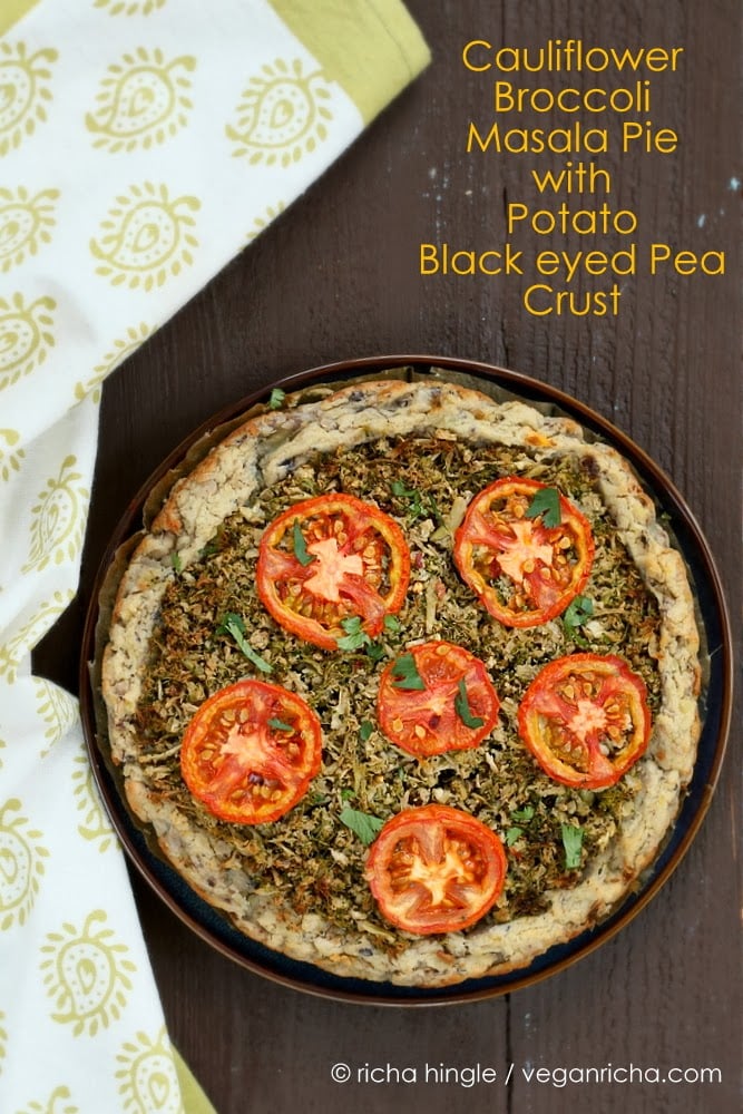 Cauliflower Broccoli Masala Pie with Black eyed Pea Potato Crust | VeganRicha.com #vegan #glutenfree #grainfree