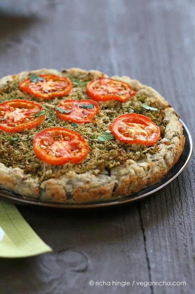 This Cauliflower Broccoli Pie is full of flavor from the garam masala and has a delicious Potato black eyed pea crust. | VeganRicha.com #vegan #glutenfree and #grainfree