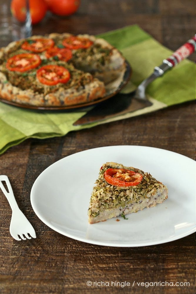 This Cauliflower Broccoli Pie is full of flavor from the garam masala and has a delicious Potato Black eyed pea crust. | VeganRicha.com #vegan #glutenfree and #grainfree