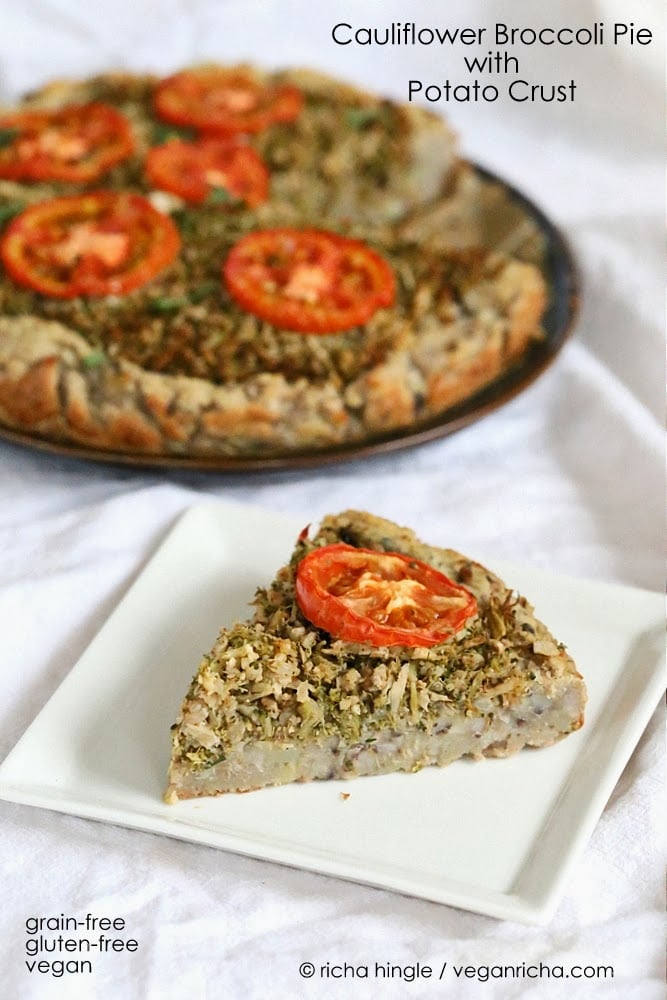 This Cauliflower Broccoli Pie is full of flavor from the garam masala and has a delicious Potato black eyed pea crust. | VeganRicha.com #vegan #glutenfree and #grainfree