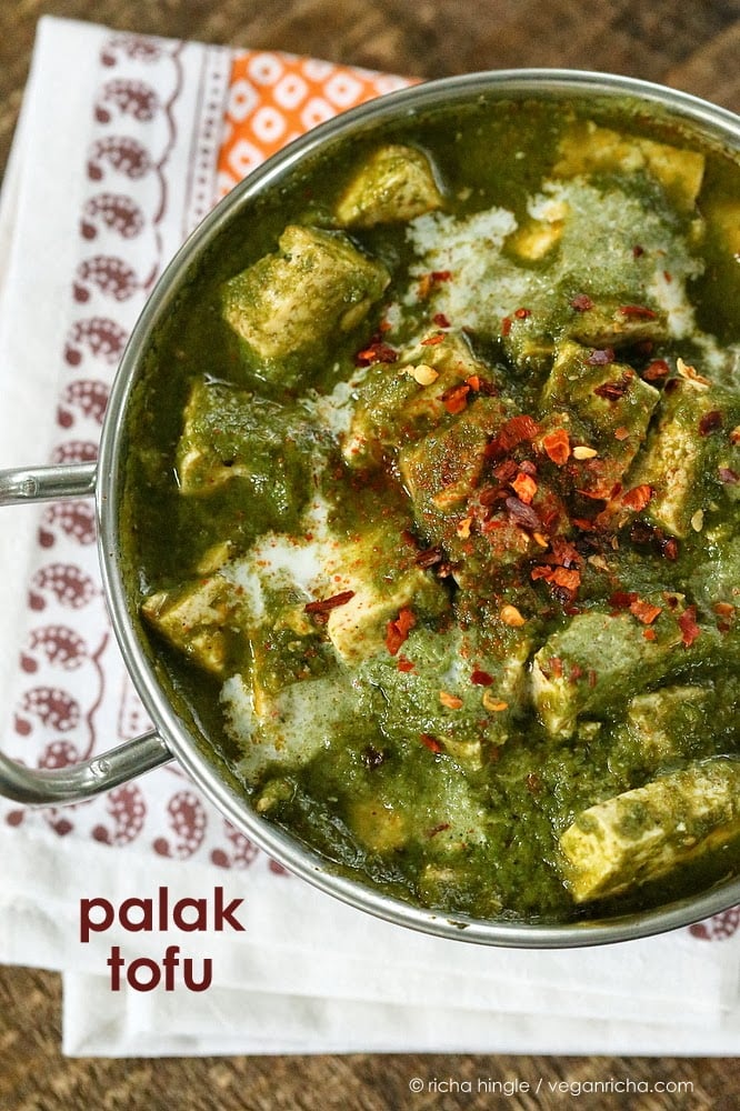 Vegan Palak Tofu in a steel kadai