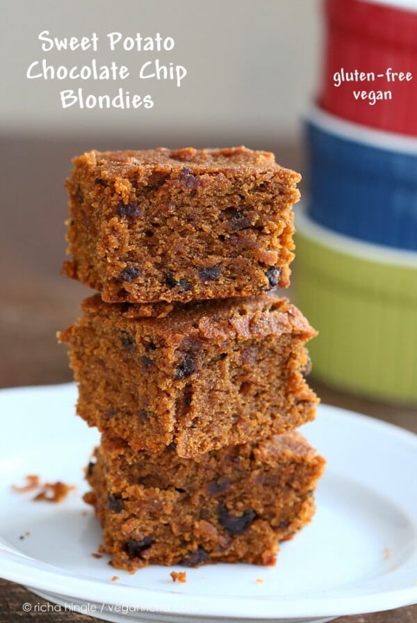 These Sweet Potato blondies are free of gluten, dairy, egg, soy and yeast. Perfect bites with mini chocolate chips. #glutenfree #veganricha #vegan
