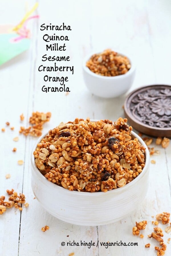 This Spicy granola with Sriracha Millet Quinoa is a very addictive savory, sweet and spicy granola with puffed millet, quinoa, peanuts, cranberries and orange zest! Savory granola. Vegan Gluten-free Recipe. #glutenfree #veganricha #vegan