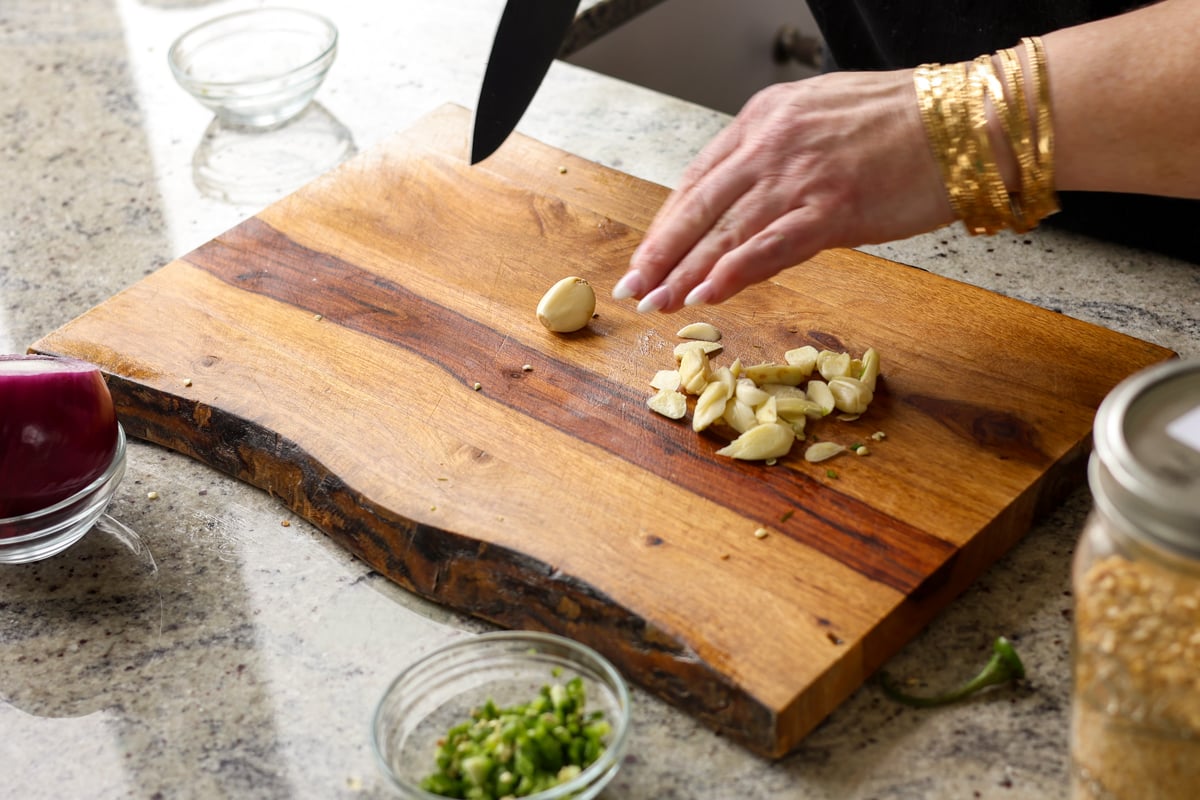 chopping the garlic