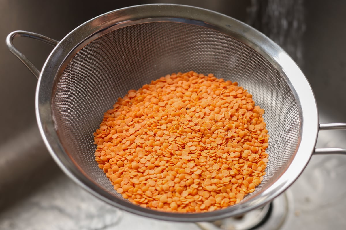 rinsing the red lentils
