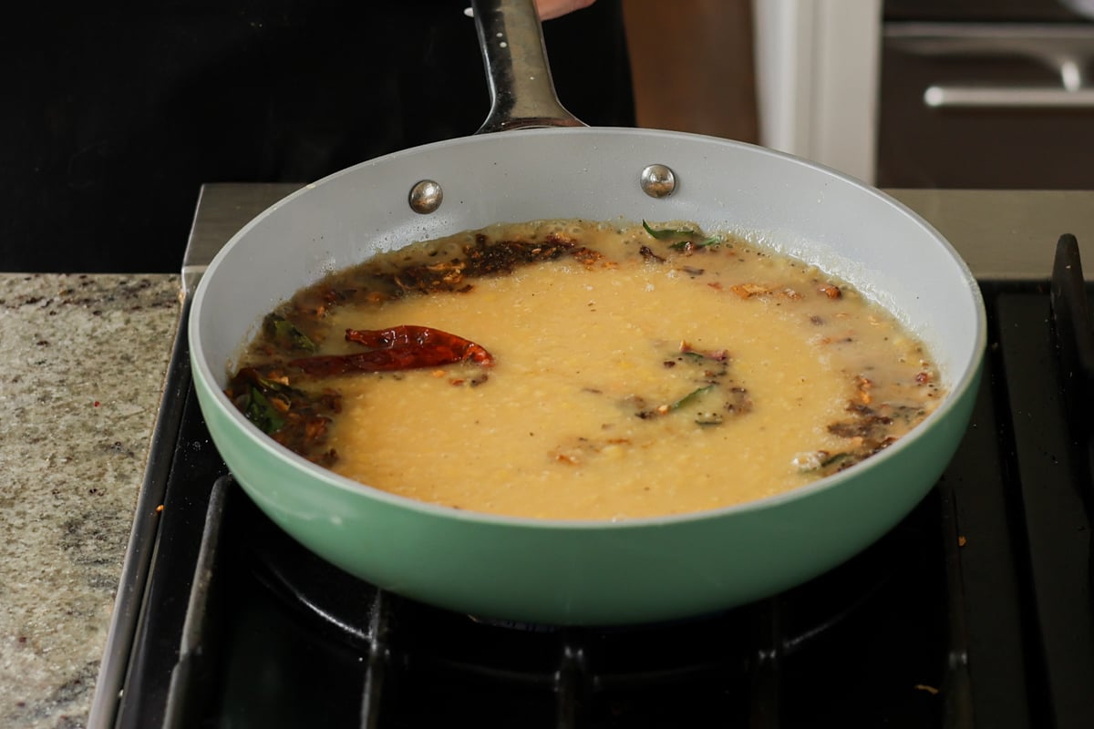 lentils after adding to the pan