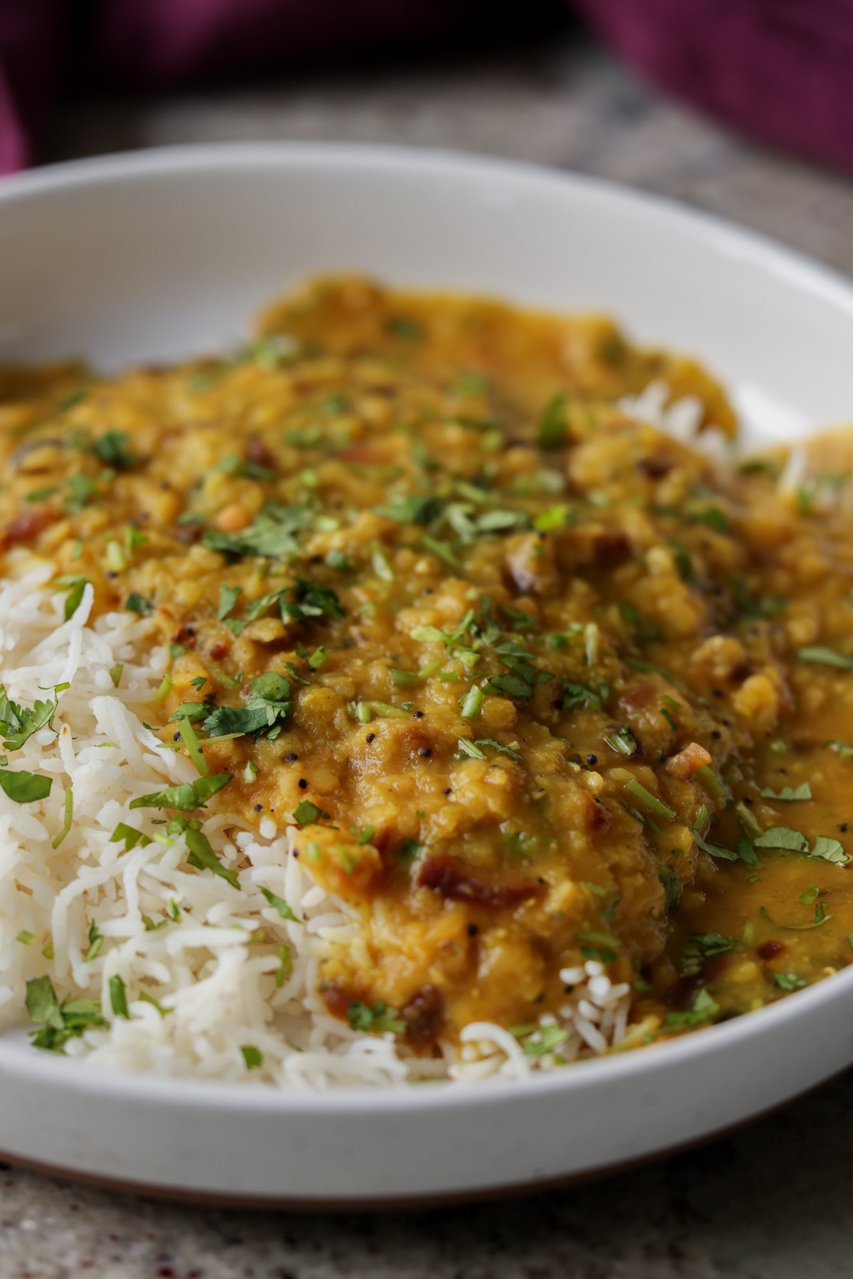 close-up of dal tadka in a bowl with rice