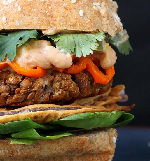 loaded red lentil cauliflower burger