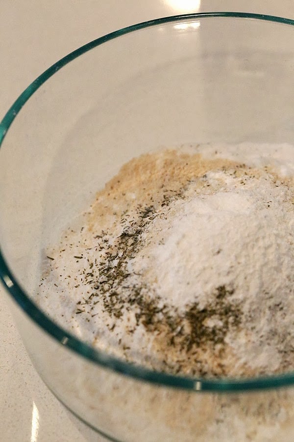 gluten-free biscuits recipe dry ingredients for gluten-free biscuits recipe in a glass bowl