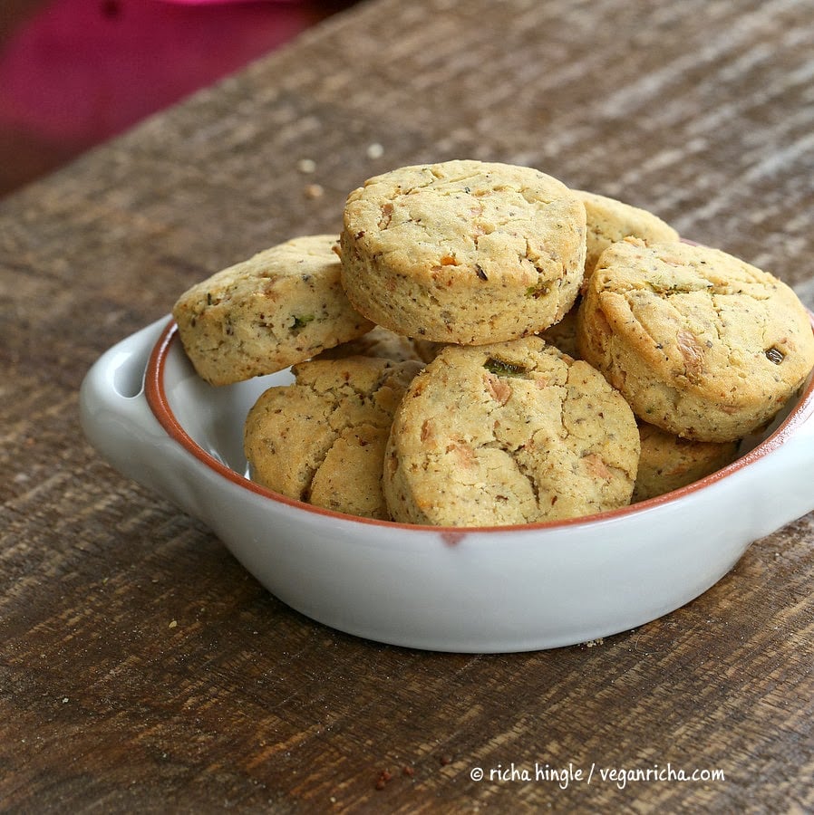recipe for gluten-free biscuits a white porcelain bowl filled with vegan gluten-free cheese and jalapeno biscuits