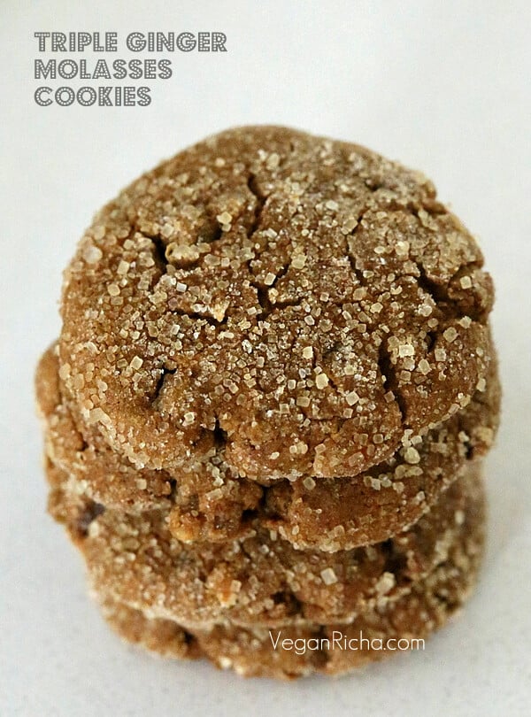 These Vegan Triple Ginger Cookies are soft and chewy, filled with molasses, fresh, candied and powdered ginger.