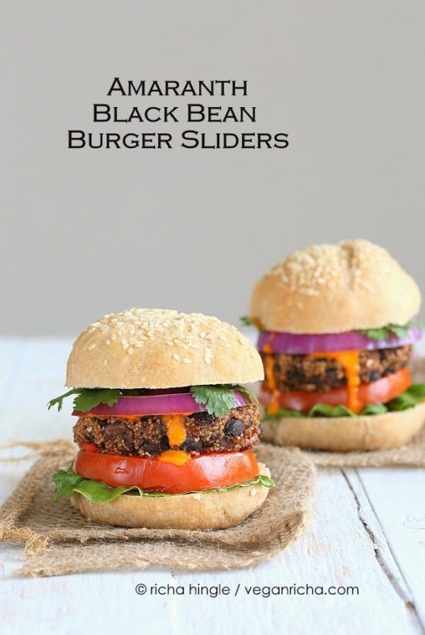 This smoky Amaranth black bean burger is easy to put together and goes beautifully with the Roasted red pepper sauce. Vegan Recipe, Gluten-free patties #vegan #glutenfree #veganricha