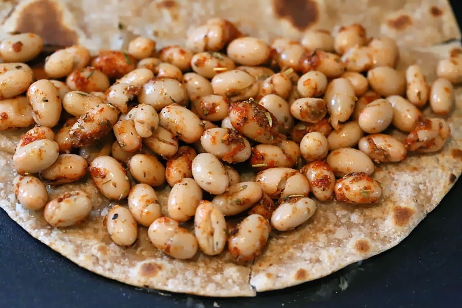 Taco Spice Vegan White Bean Quesadilla with Vegan pepper jack cheese