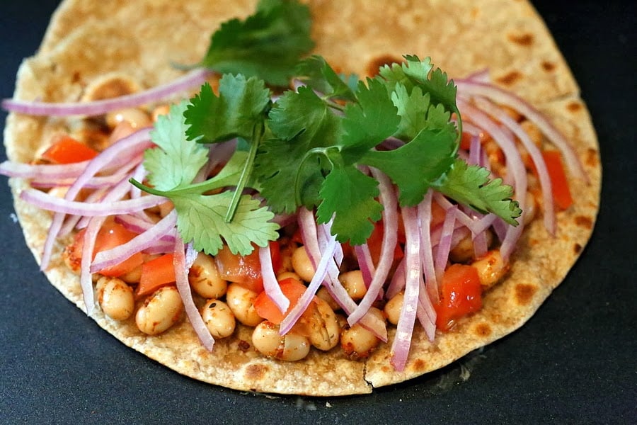 Taco Spice Vegan White Bean Quesadilla with Vegan pepper jack cheese