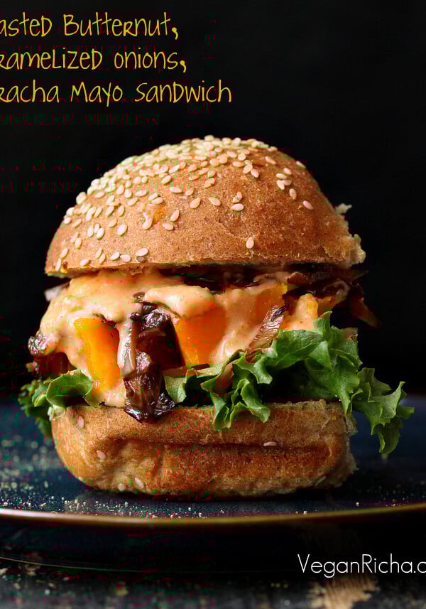 Roasted Butternut Squash Slider with Balsamic Caramelized onions, Sriracha Mayo