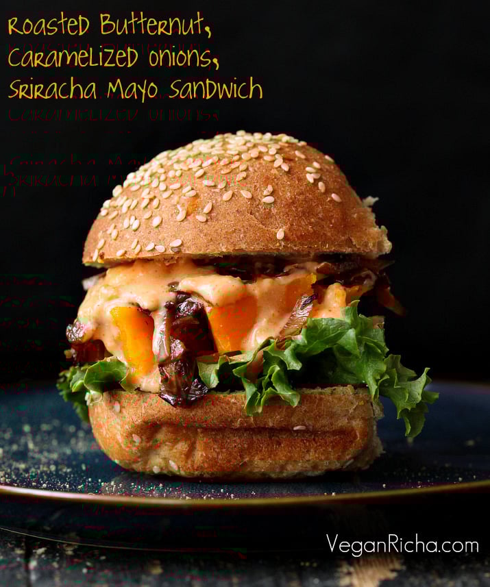 Roasted Butternut Squash Slider with Balsamic Caramelized onions, Sriracha Mayo | Vegan Richa